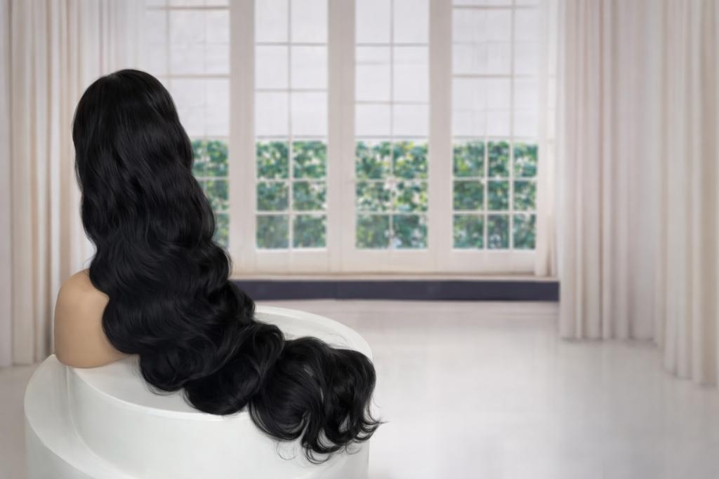 Person with long black hair sitting on a white chair in a room with large windows.