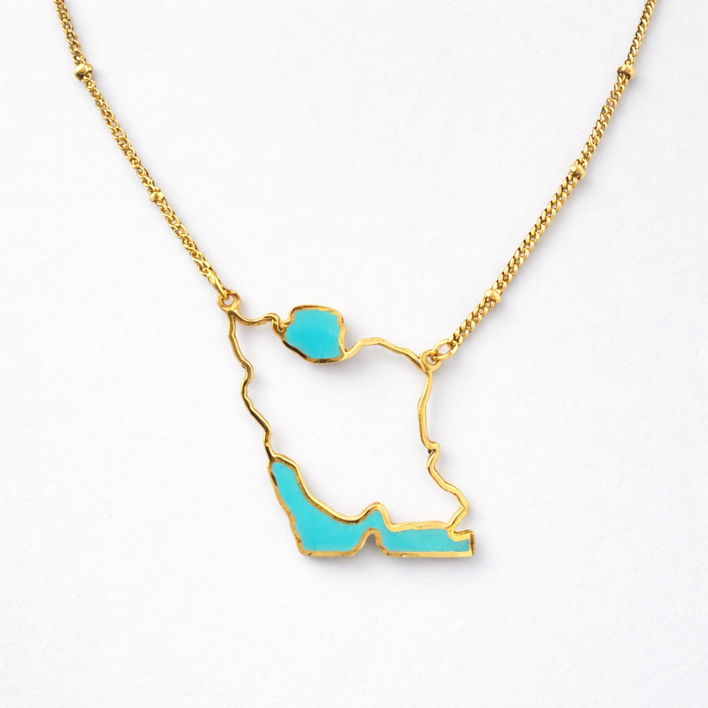 Iran map Gold turquoise Necklace –Caspian sea and Persian gulf
