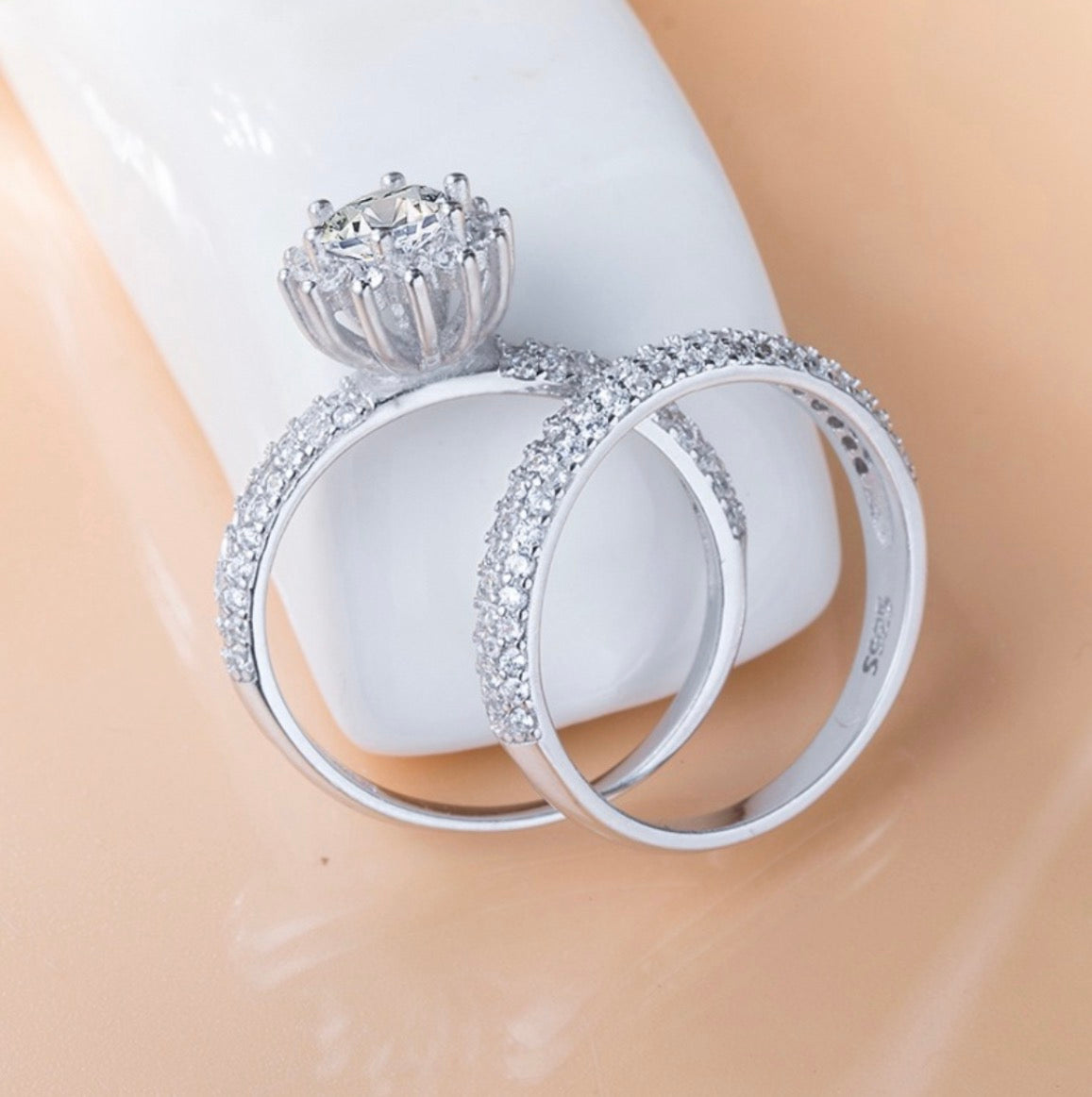 Engraved 925 sterling silver simulated diamond matching 2 rings