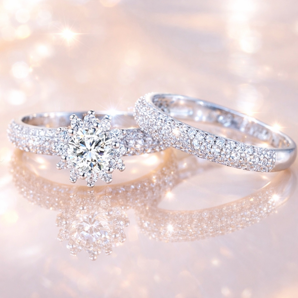 Engraved 925 sterling silver simulated diamond matching 2 rings