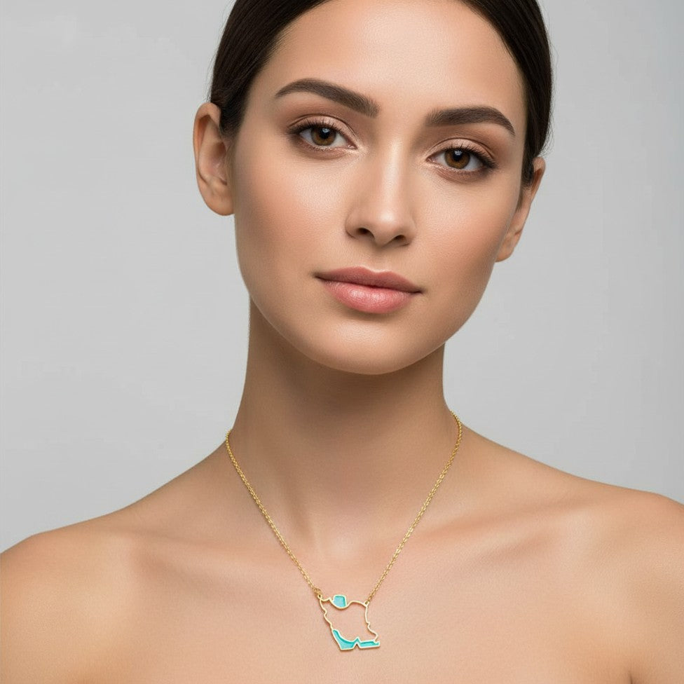 Iran map necklace - Gold Turquoise Caspian Sea & Persian Gulf