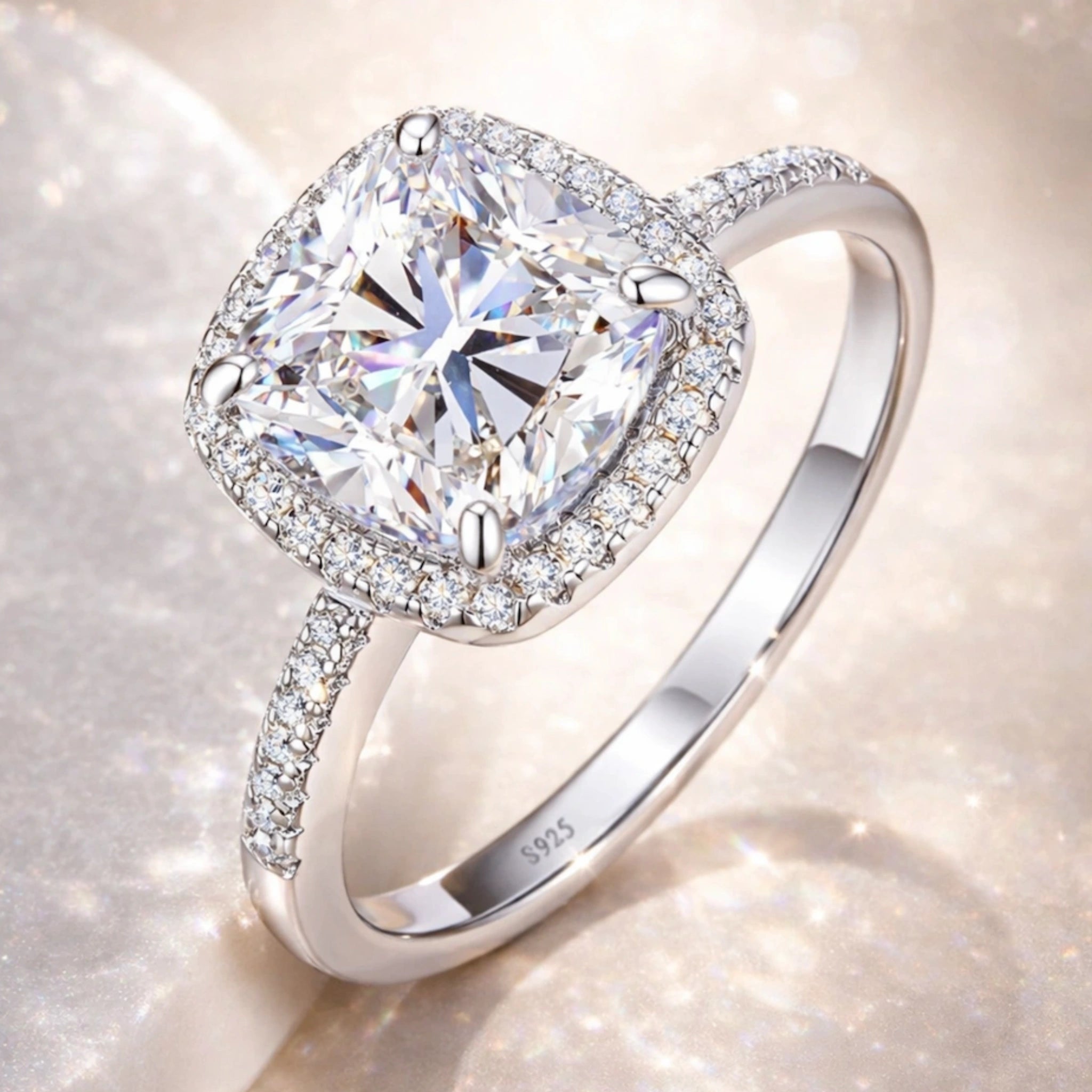 Silver ring with a large diamond and smaller diamonds on the band against a soft, blurred background.