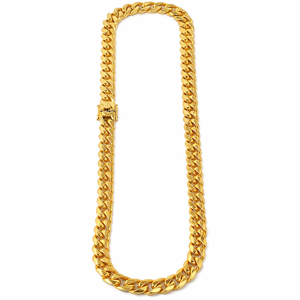 Gold Cuban chain necklace with polished links on white background