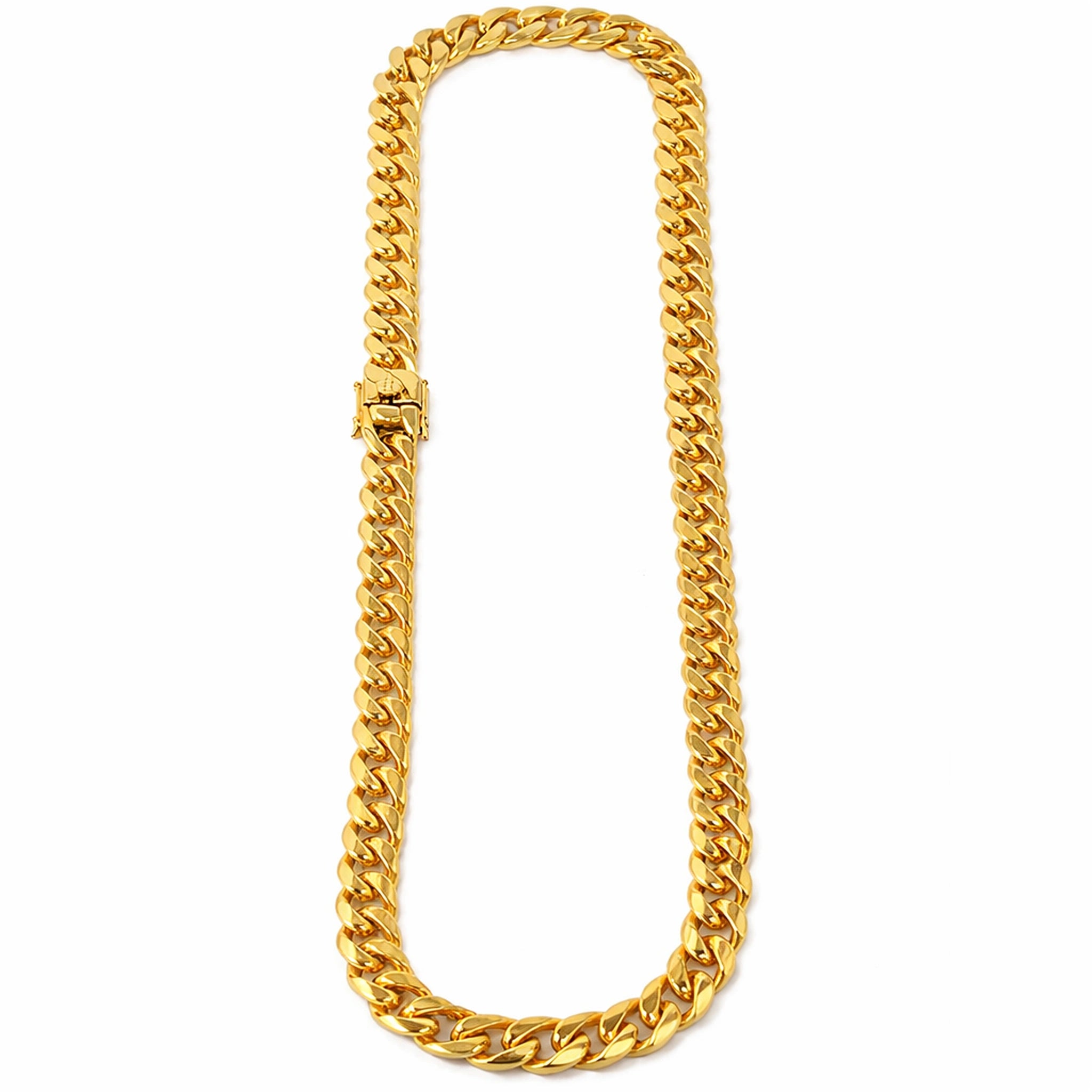 Gold Cuban chain necklace with polished links on white background