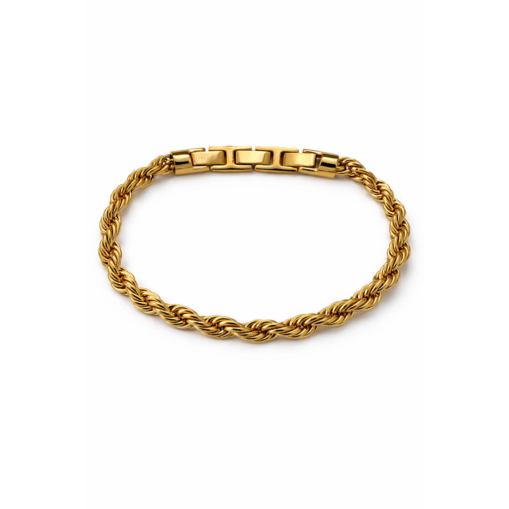 Gold rope chain bracelet with polished clasp on white background