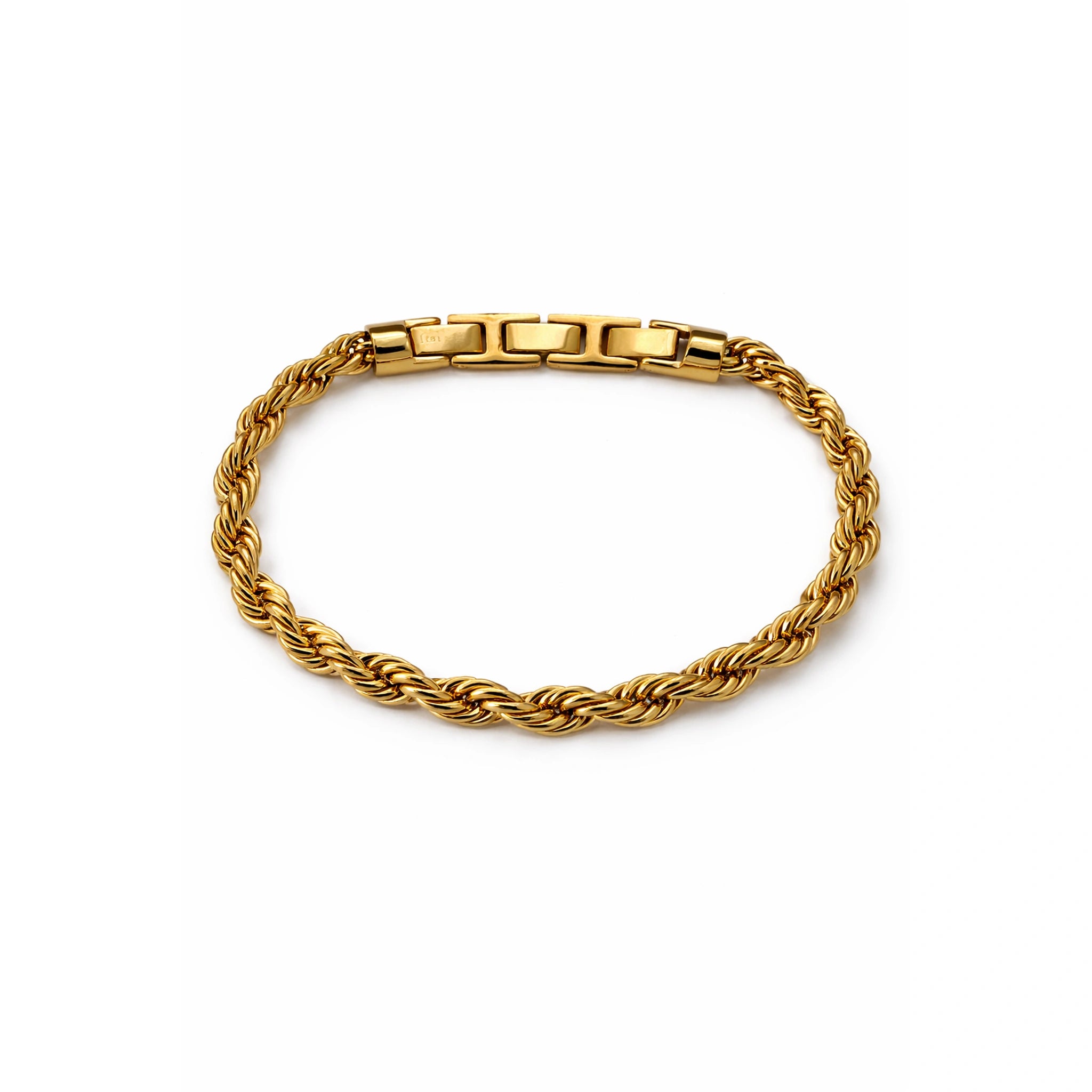 Gold rope chain bracelet with polished clasp on white background