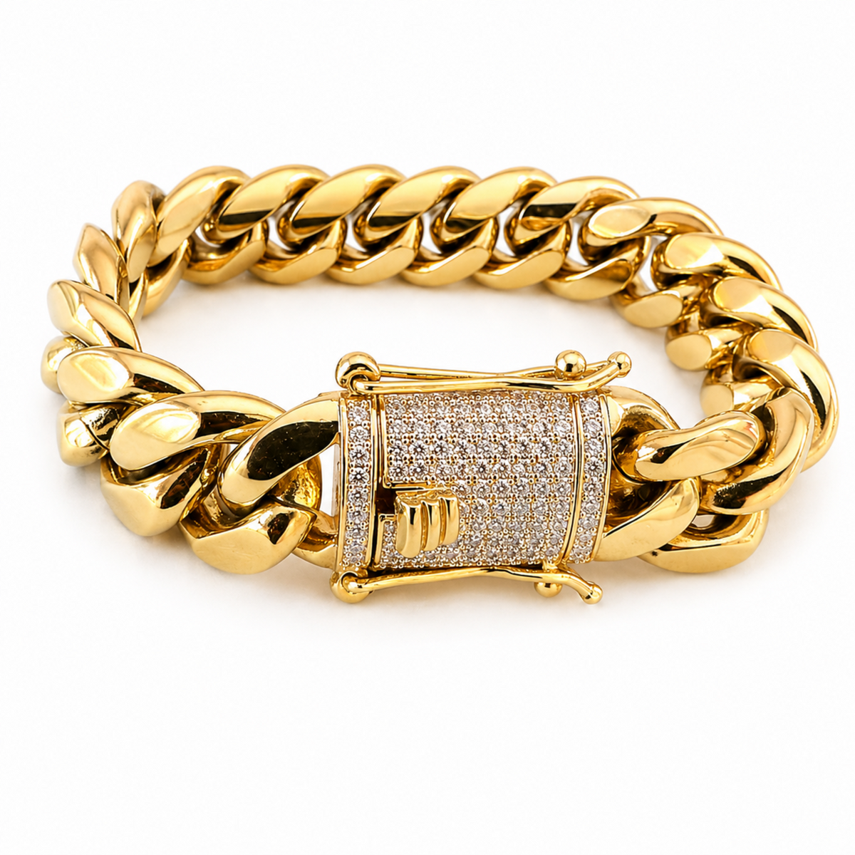 Luxury men's 18K gold plated Cuban link bracelet featuring a pavé iced clasp on a muscular Black hand, studio product photo.