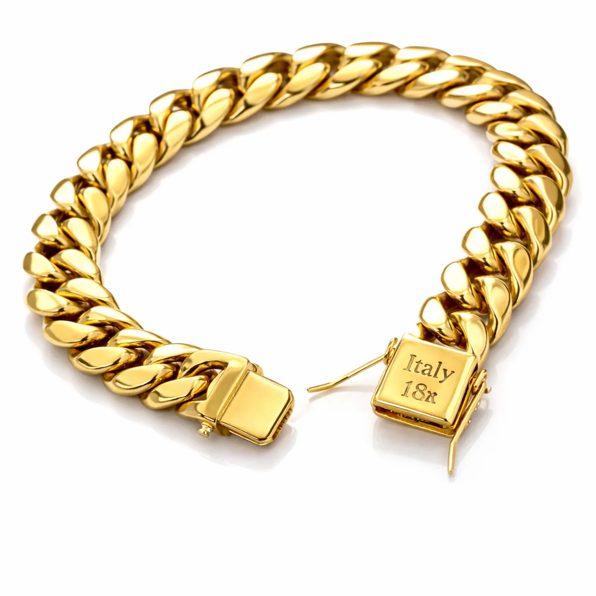 Gold chain bracelet with clasp on a white background