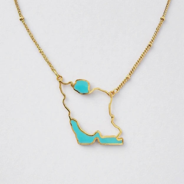 Iran map Gold turquoise Necklace –Caspian sea and Persian gulf