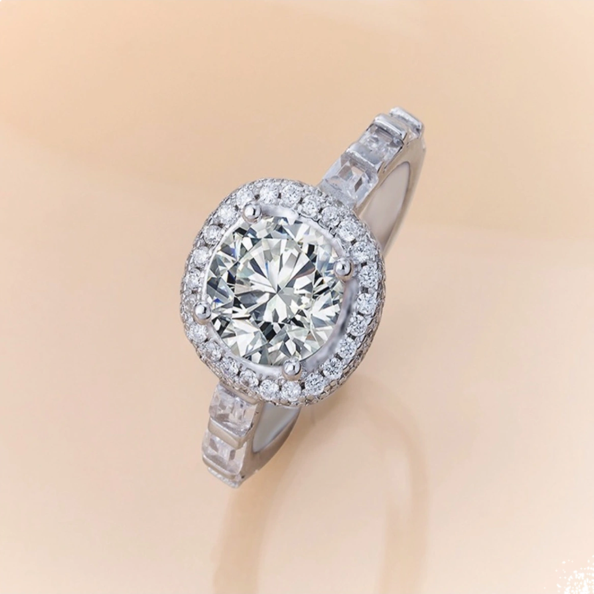 Luxury round halo simulated diamond ring in polished sterling silver with sparkling pavé setting