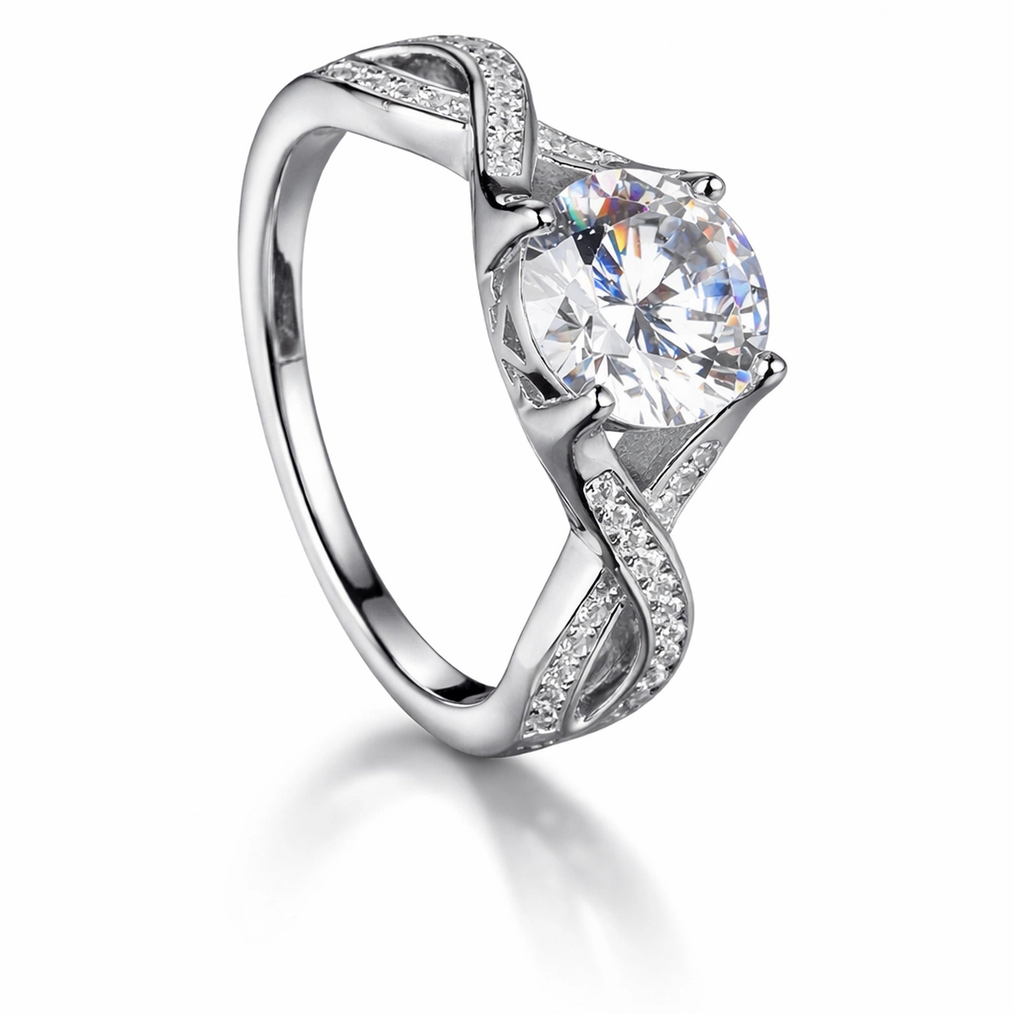 Silver ring with a large diamond on a white background